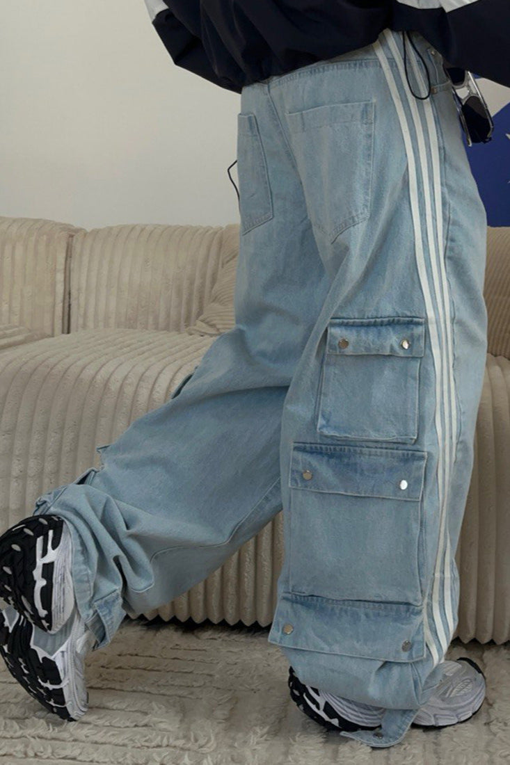 Striped Wide Leg Denim Trousers Pants