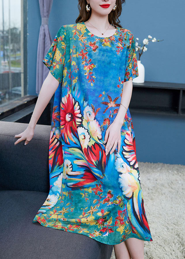 Floral Print Crew Neck Short Sleeve Patchwork Midi Shift Dress - View 2
