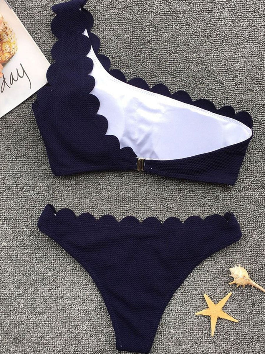 Flounce Design One Shoulder Solid Two Pieces Swimsuit (2 Colors) - Fashionpara