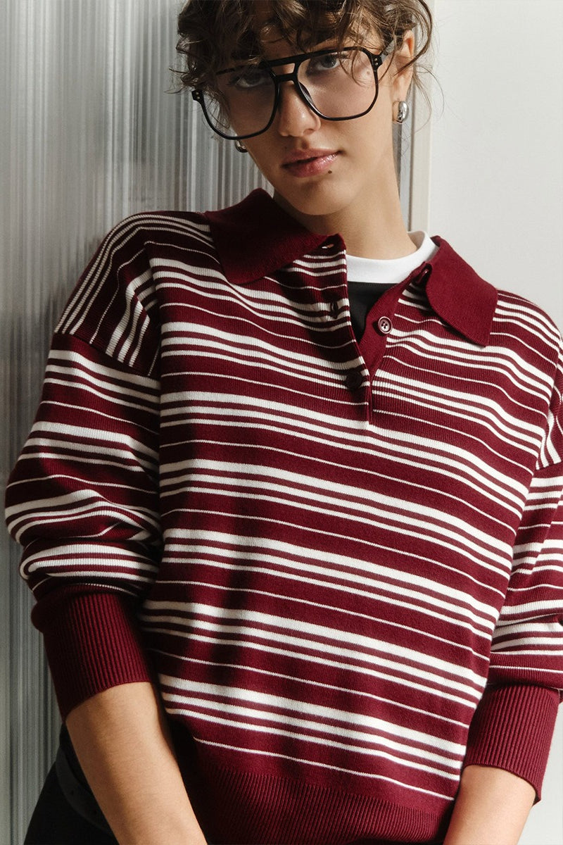 Color-block Stripe Fitted Polo Knit Blouse