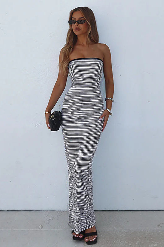 Strapless Waist Cinching Bodycon Stripe Maxi Dress