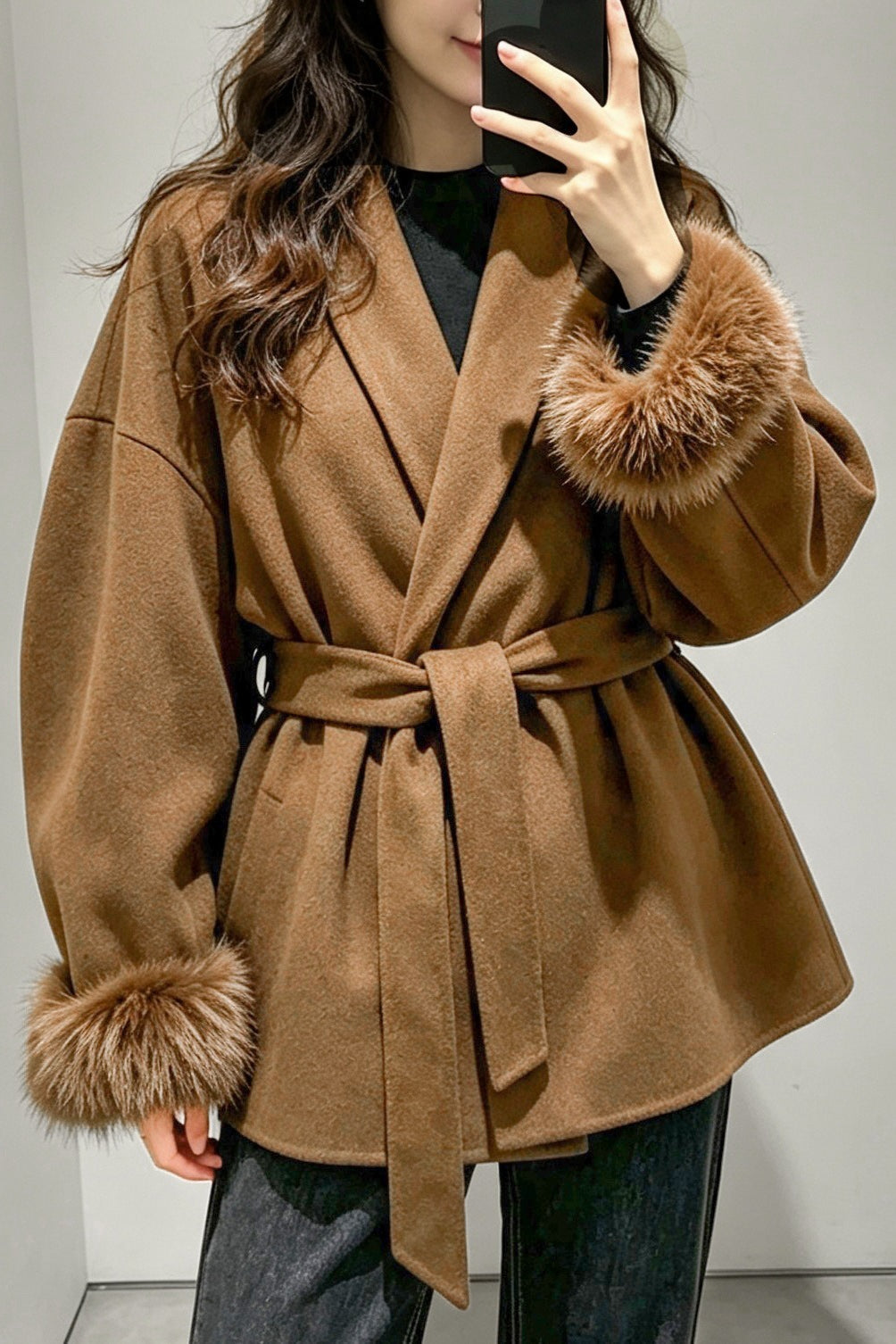 Fur Cuff Belted Wrap Coat