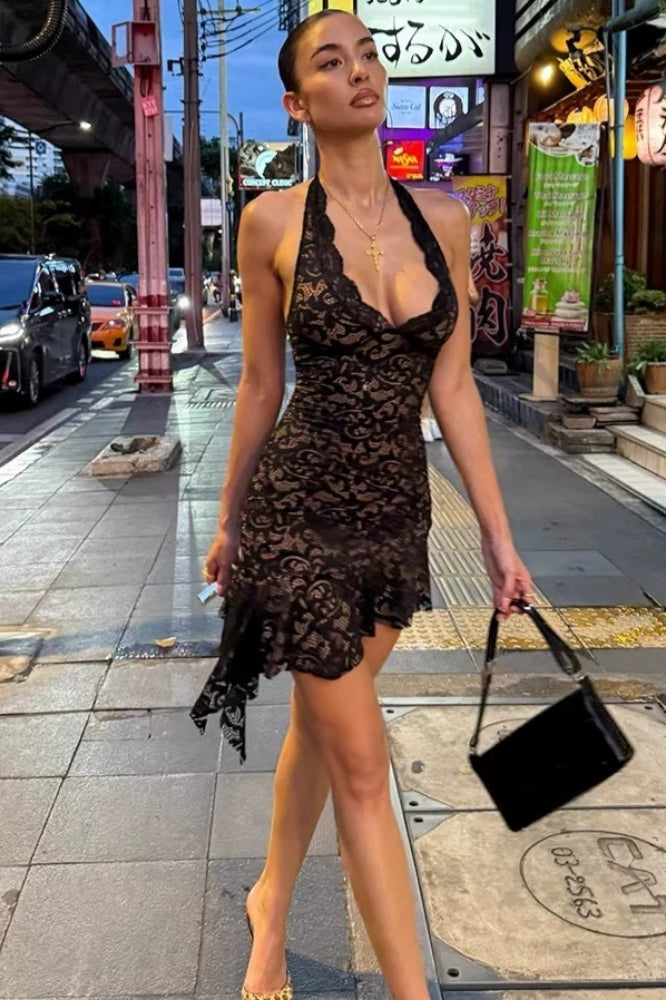 Floral Lace Halter Deep V-Neck Bodycon Mini Dress
