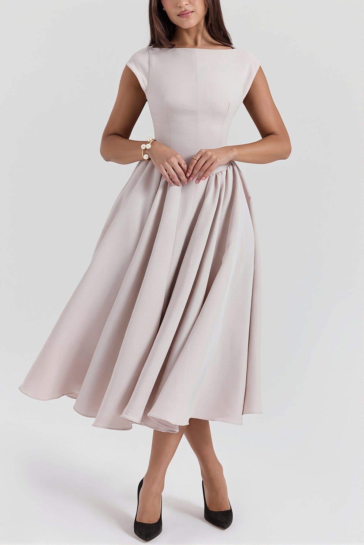 Boat Neck Cap Sleeve Fit and Flare Midi Dress