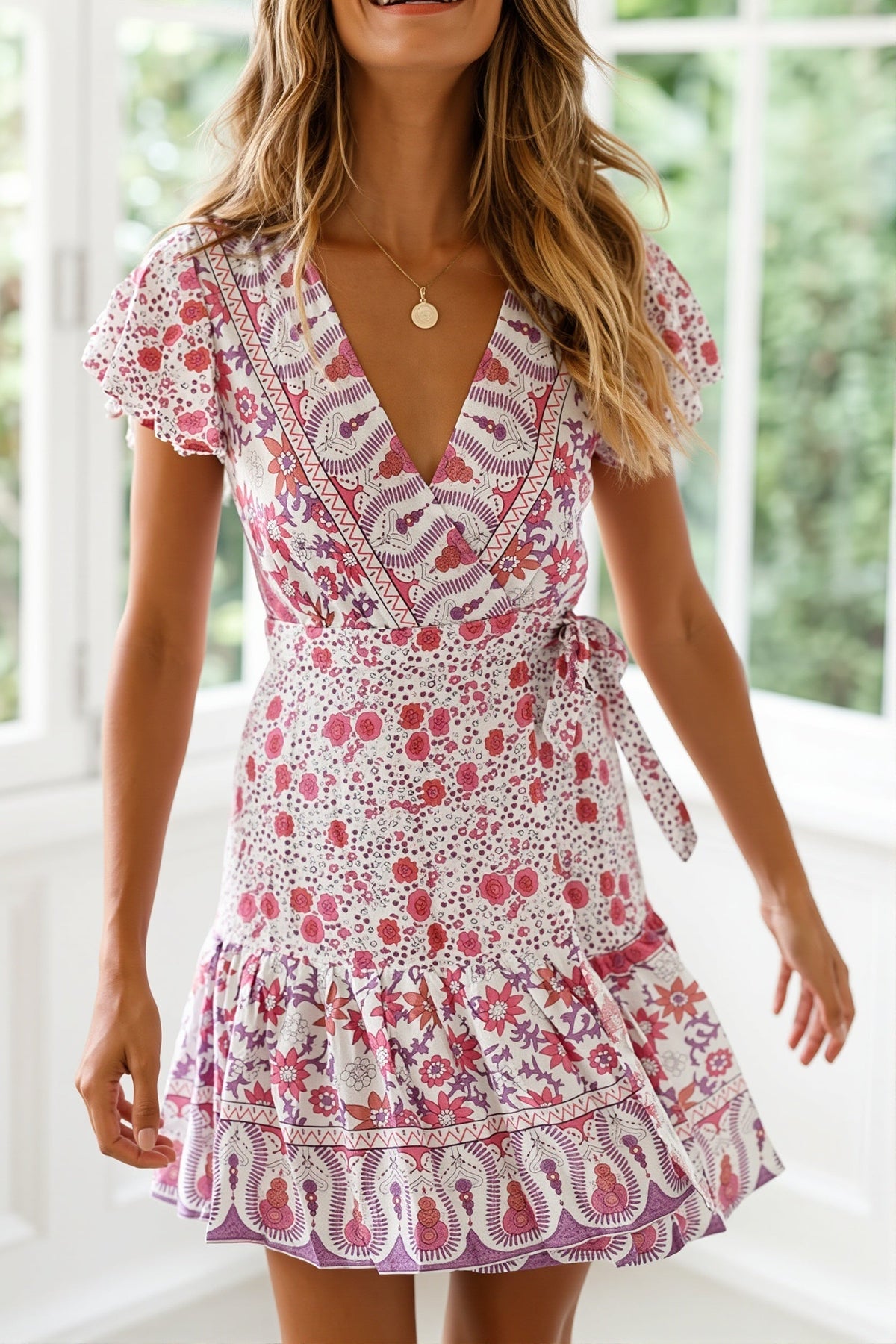 Floral Wrap V-Neck Flutter Sleeve Ruffle Mini Dress