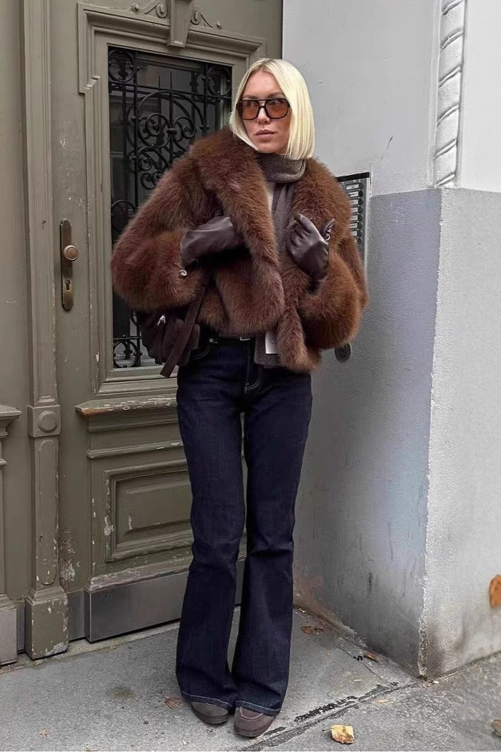 Retro Solid Color Plush Warm Short Notch Collar Coat