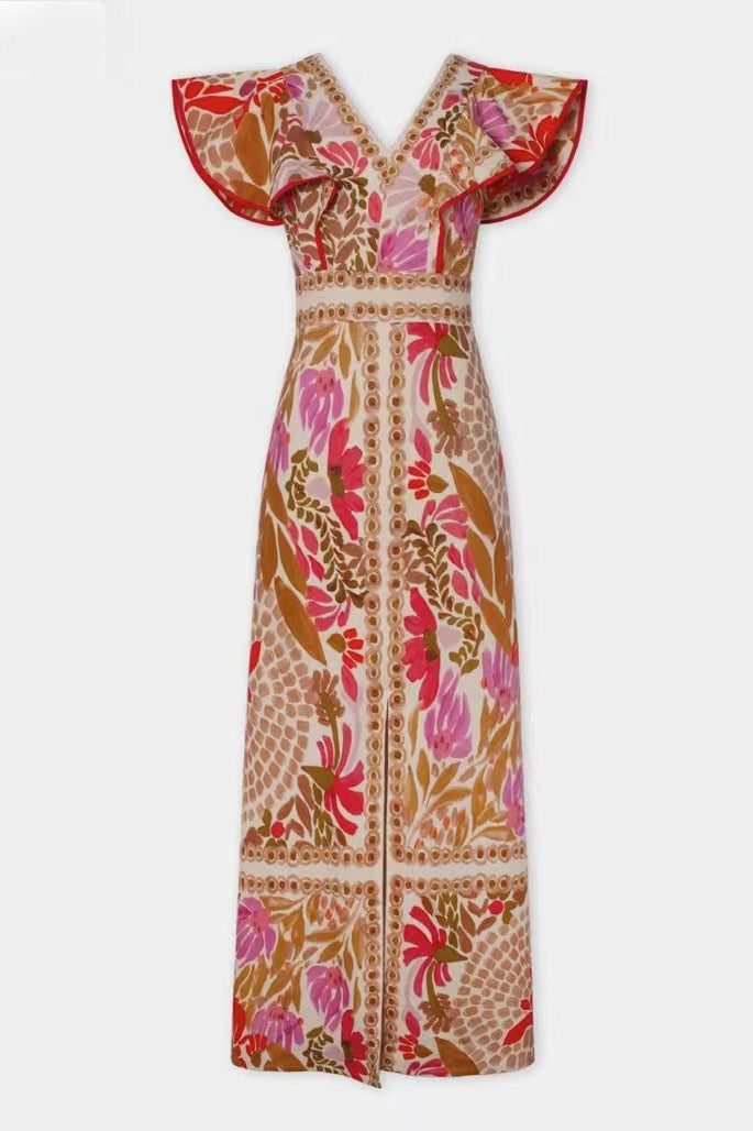 Floral Print Flutter Sleeve Front Split Midi Dress
