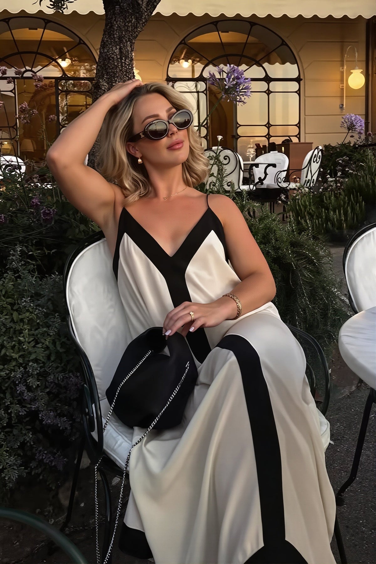 Satin Contrast Trim V-Neck Spaghetti Strap Maxi Dress