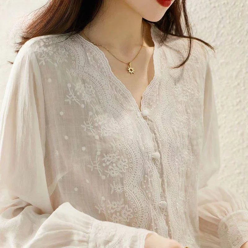 Embroidered Lace V-neck Linen Blouse Autumn Blouse