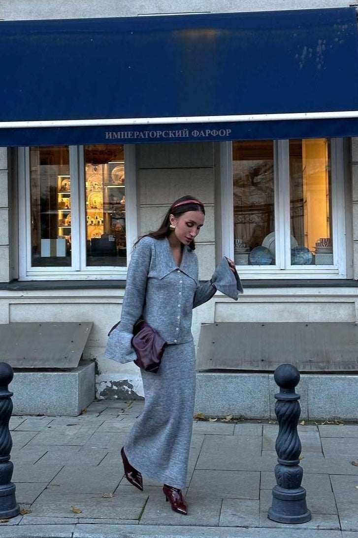 Elegant Pink Bell-Sleeve Cardigan and Straight Skirt Set