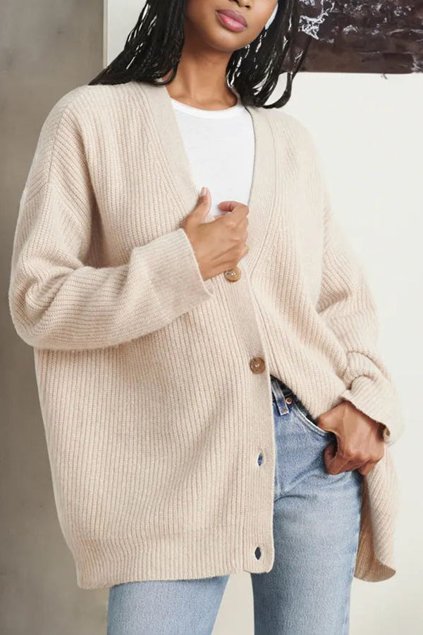 Lady Rin Relaxed Knit Ribbed Button Cardigan for Comfort