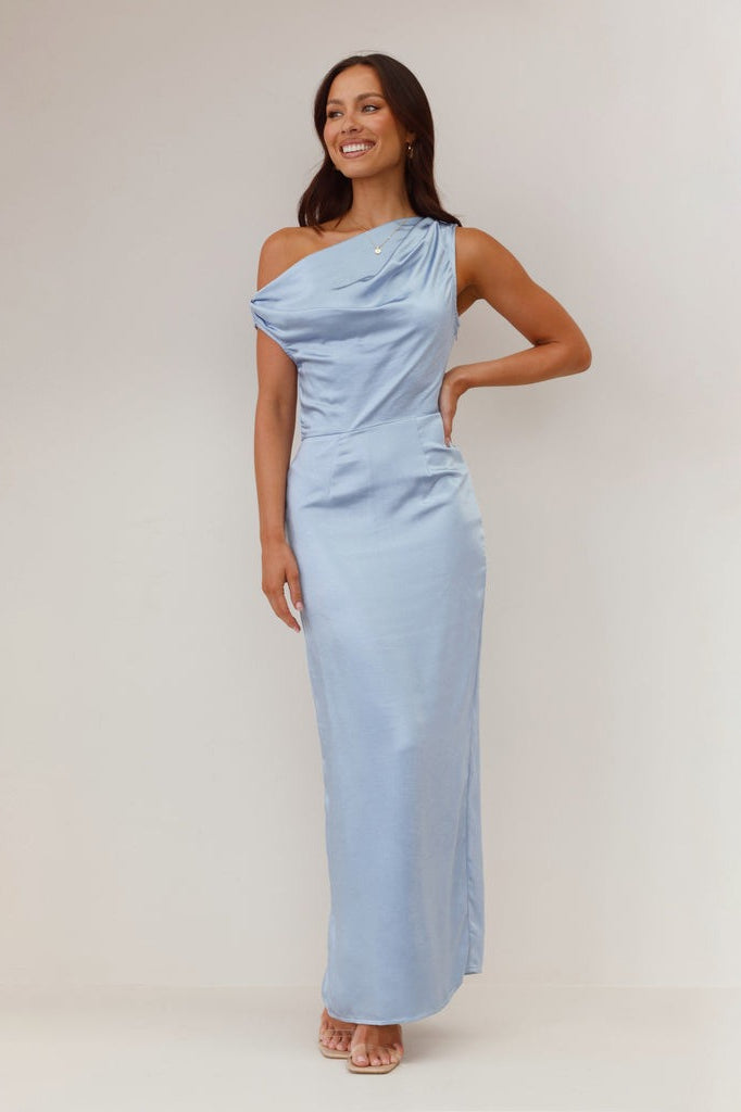 Satin One Shoulder Cowl Neck Maxi Dress