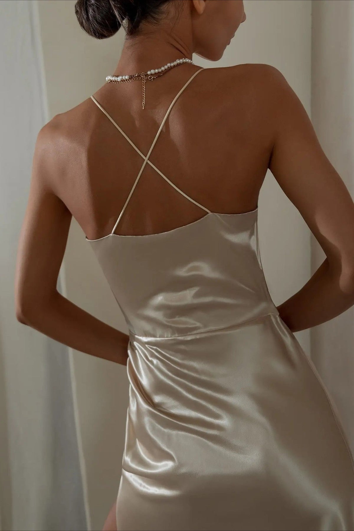 Ruched Satin Bodycon Spaghetti Strap Split V Neck Formal Dress