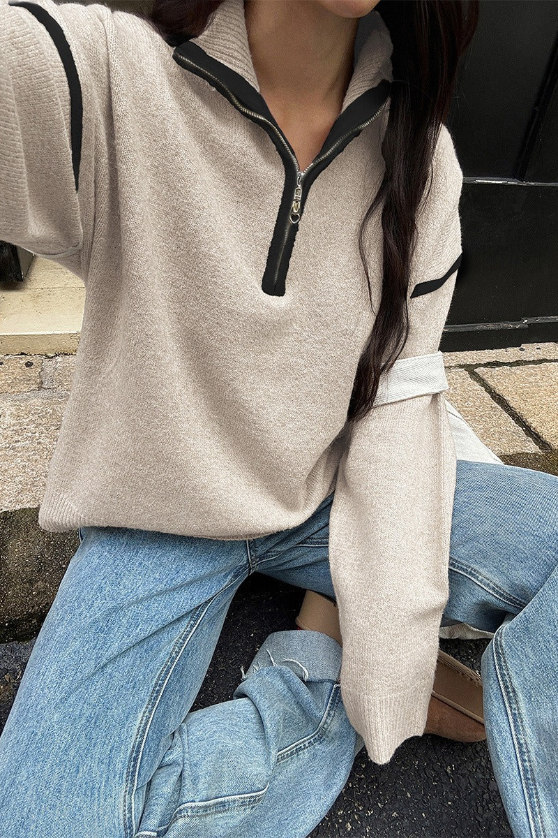 Casual Zip Front Long Sleeve Sweater
