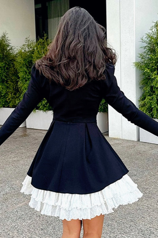 Ruffle Jabot High-Neck Bell Sleeve Tiered Mini Dress