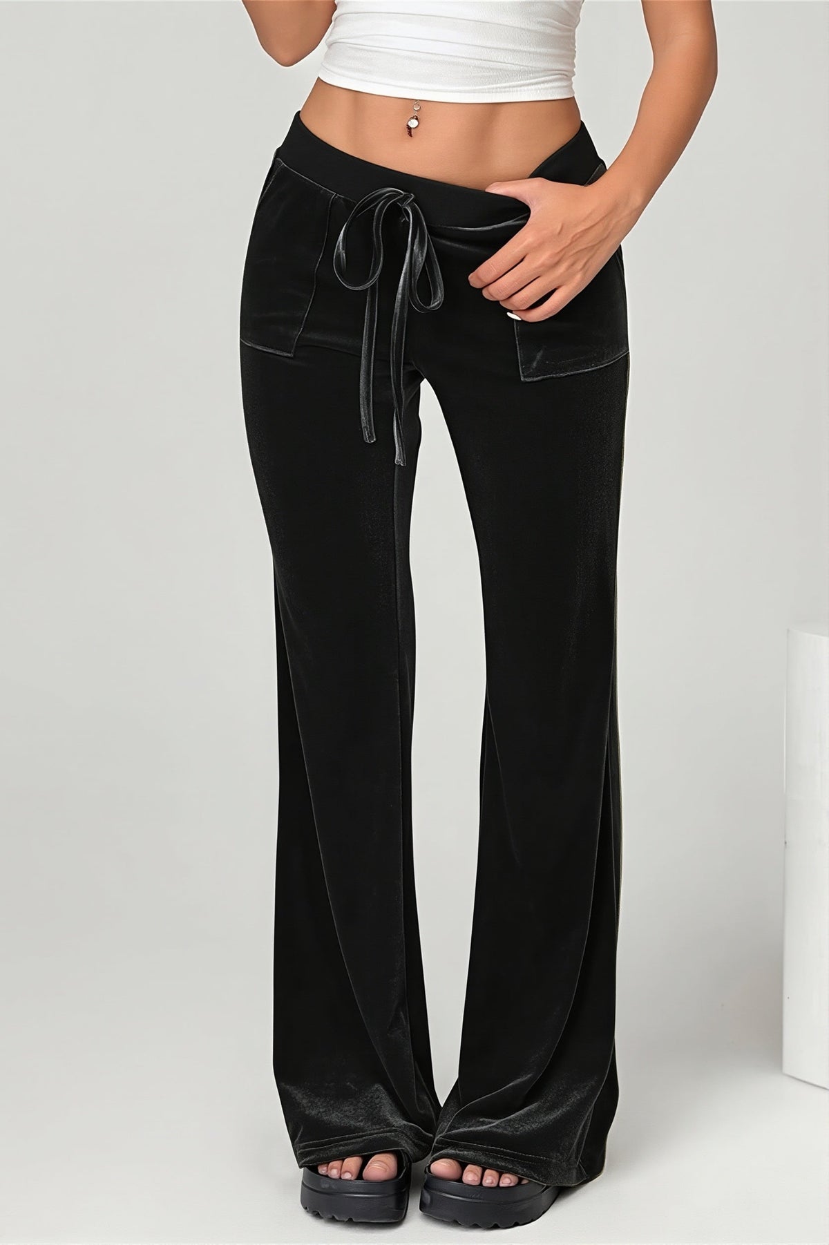 Velvet Look Drawstring Flared Pants