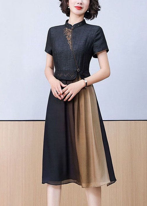 Mandarin Collar Floral Embroidery Asymmetrical Pleated Midi Dress