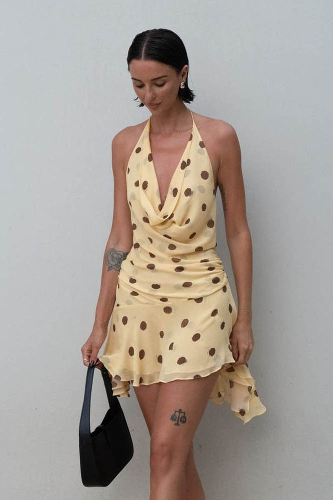 Polka Dot Chiffon Halter Deep V-Neck Ruffle Hem Mini Dress