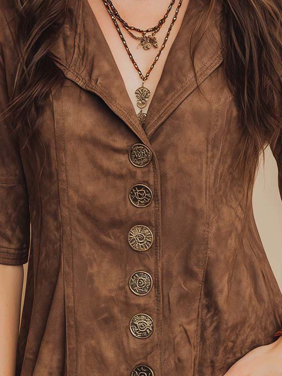 Chestnut Micro-suede Vintage Button Shirt - Fashionpara