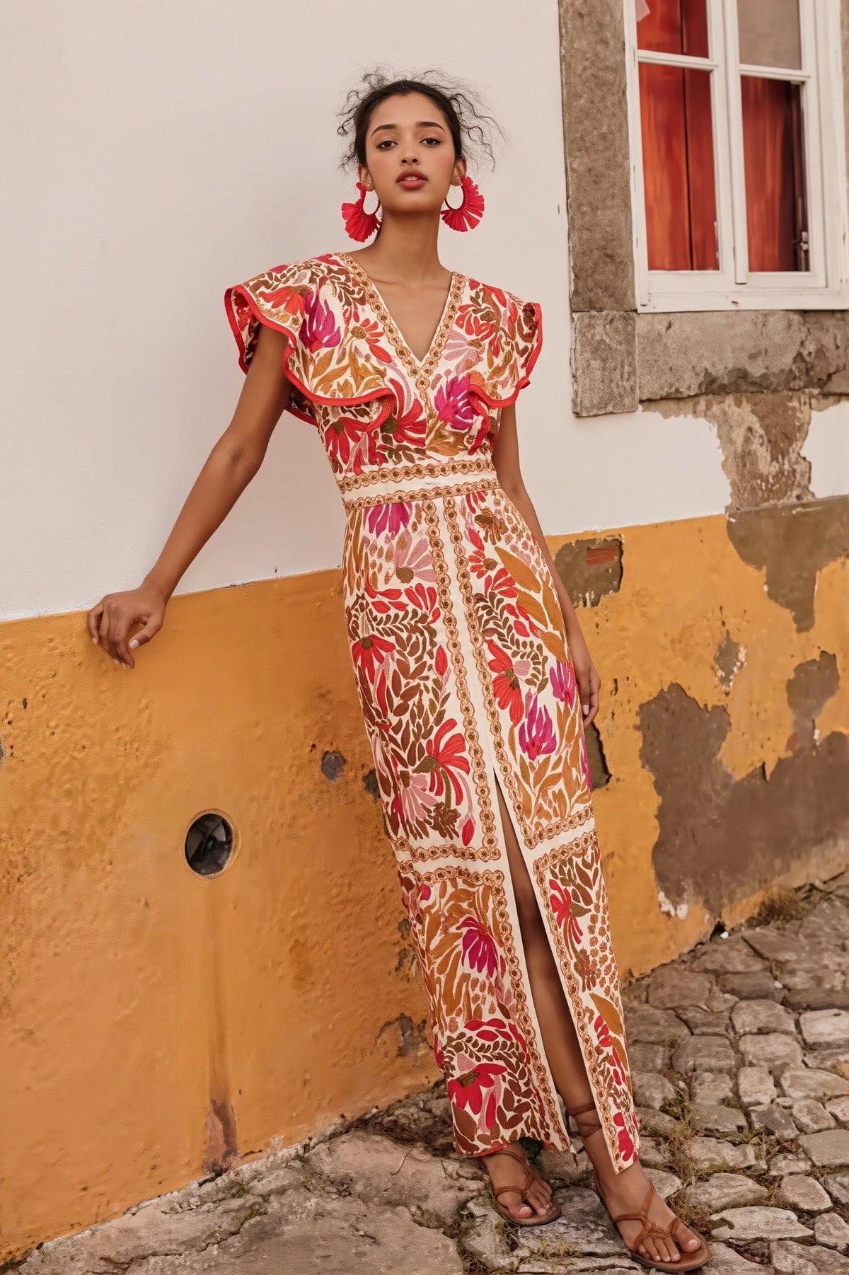 Floral Print Flutter Sleeve Front Split Midi Dress