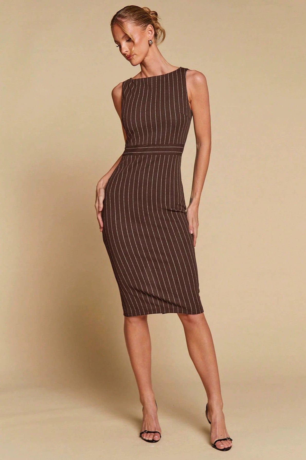 Pinstripe Boat Neck Sleeveless Bodycon Midi Dress 2