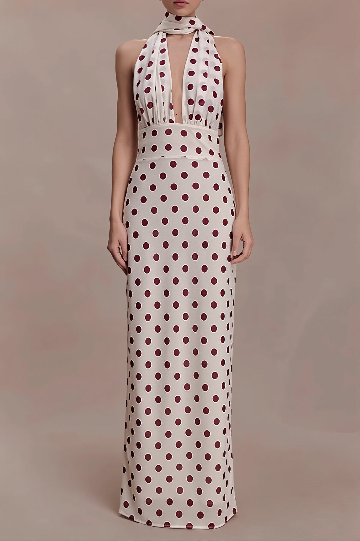 Polka Dot Satin Halter Deep V Backless Gown