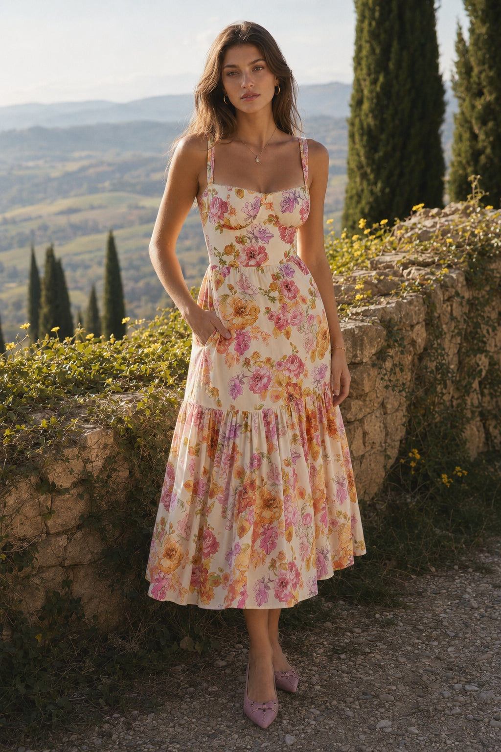 Square Neck Floral Corset Bodice Tiered Midi Dress