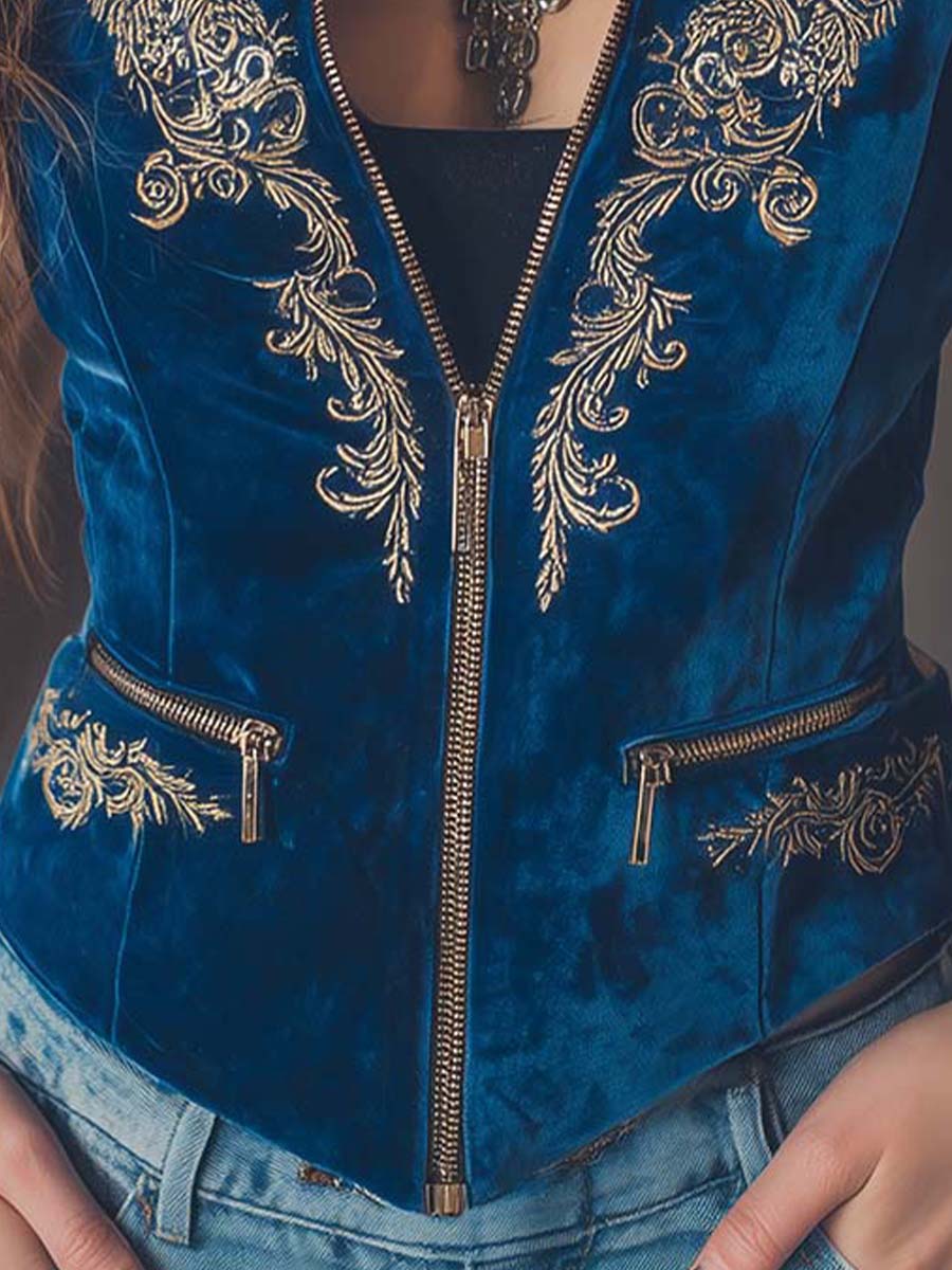 Zippered Boho Royal Blue Embroidered Velvet Vest - Fashionpara