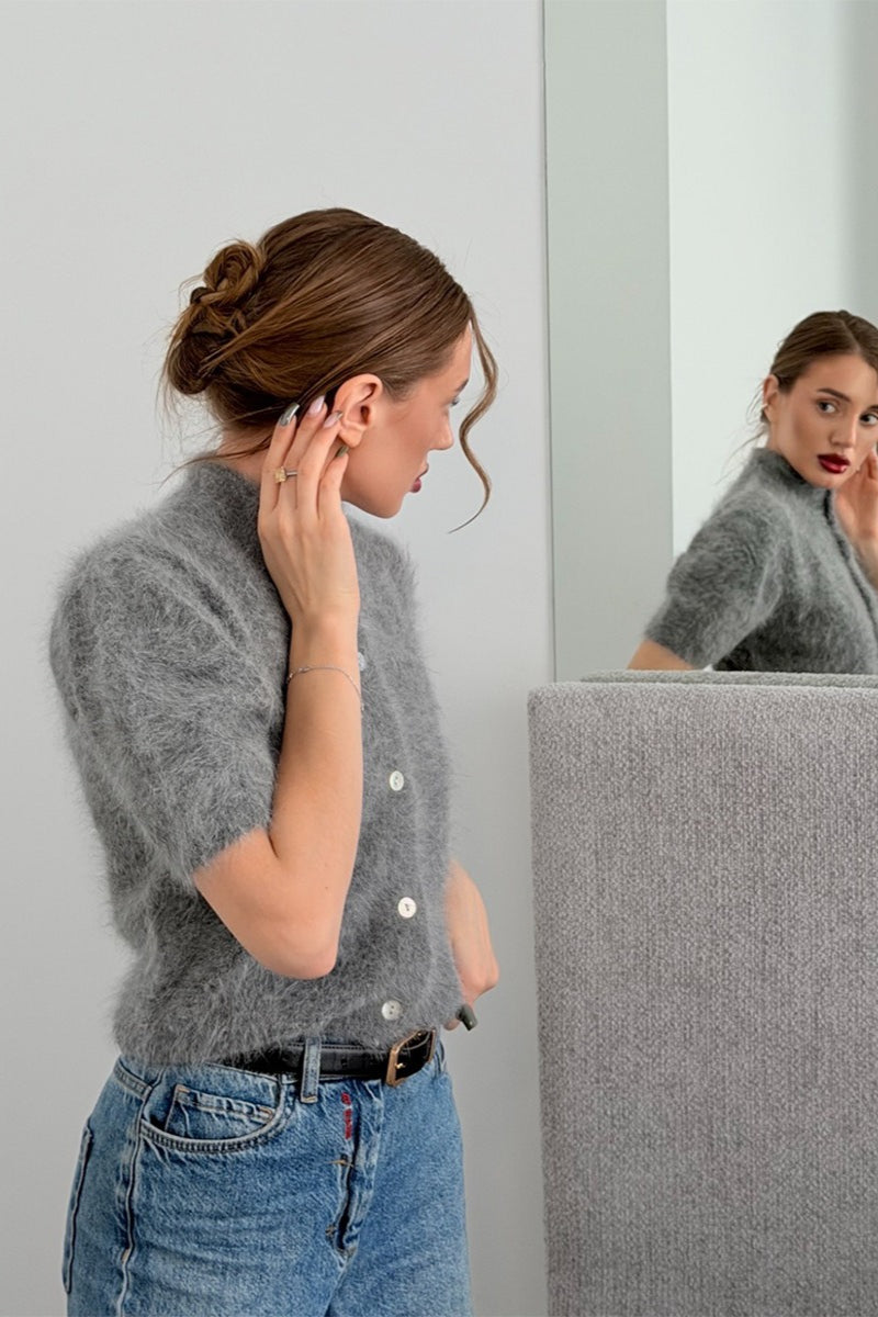 Fuzzy Short Sleeve Button Front Knit Sweater