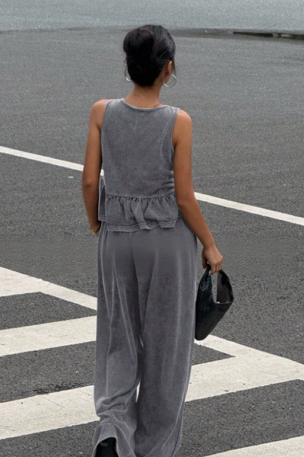 Ruffle V-Neck Sleeveless Top and Wide Leg Pants Set