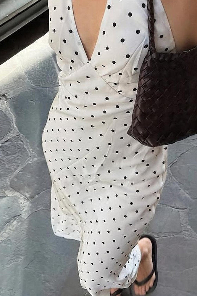 Polka Dot Halter Backless Maxi Dress - Fashionpara