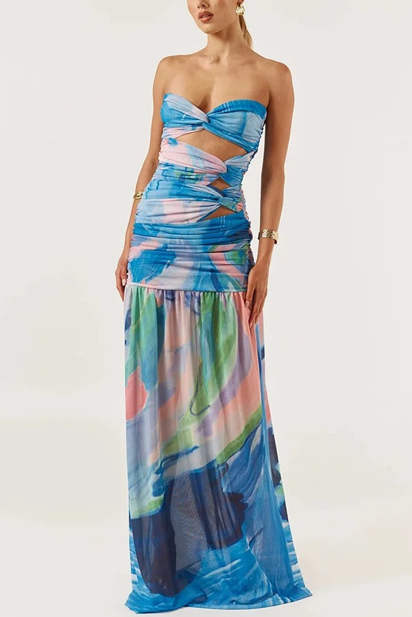 Colorful Ocean Mesh Printed Twist Cutout Off Shoulder Vacation Maxi Dress - Fashionpara