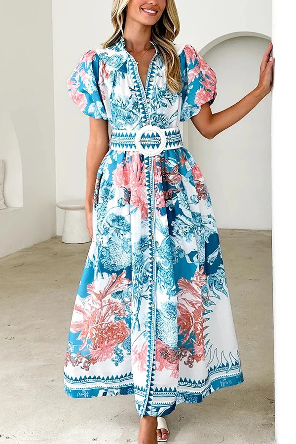 Unique Print Puff Sleeve Button Belt Casual Maxi Dress - Fashionpara