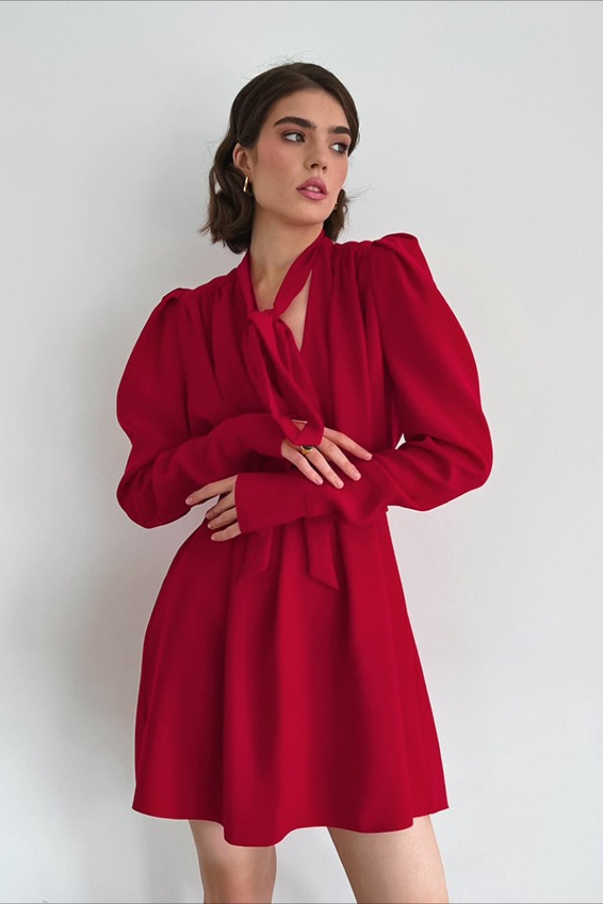 Satin High Neck Puff Sleeve Wrap Mini Dress
