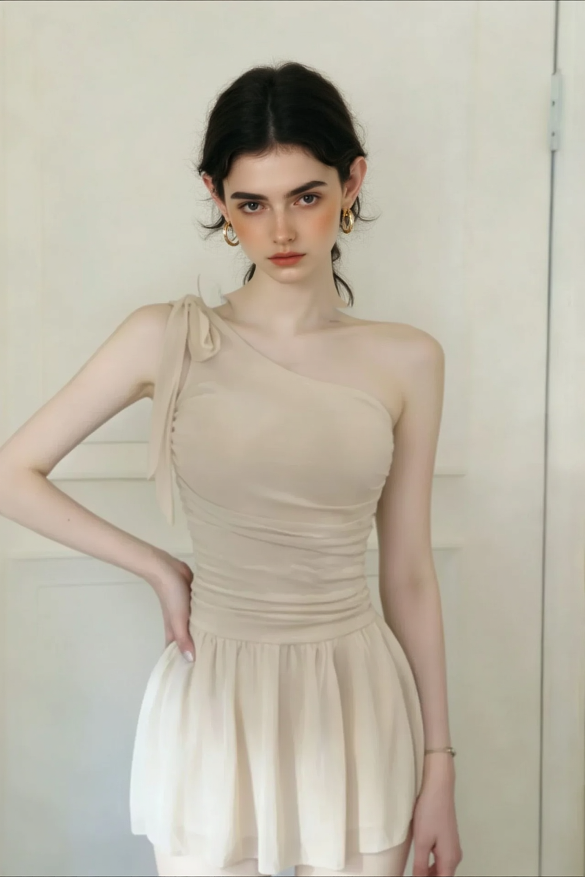 Romantic Solid Waist Cinch One Shoulder Bow One Piece