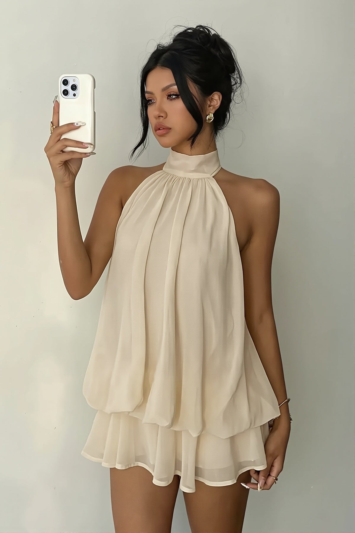 Chiffon Halter Neck Tiered Babydoll Mini Dress
