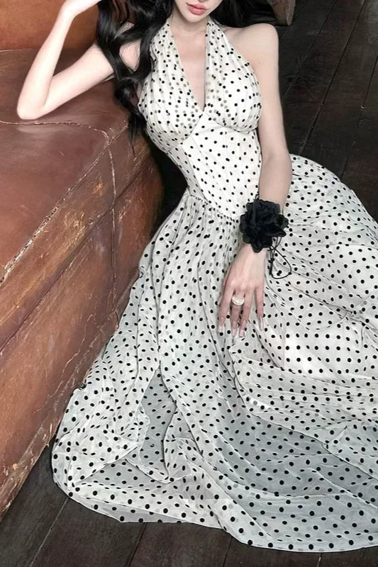 V-Neck Polka Dot Maxi Dress - Fashionpara