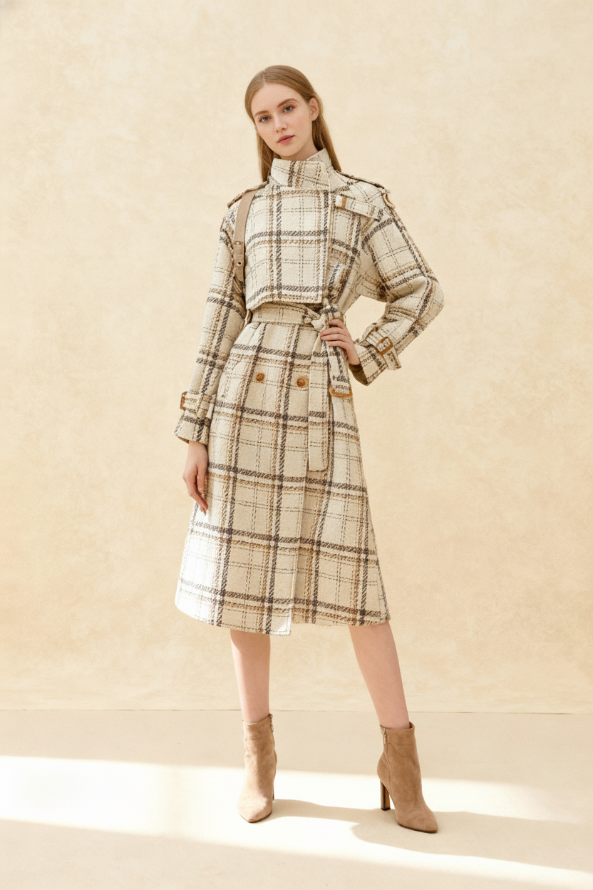 Autumn Winter Long Loose Warm Plaid Wool Blends Sleeve Belt Double Breasted Woolen Stylish Coat - Fashionpara