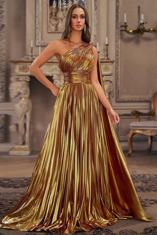 Metallic One-Shoulder Pleated Cape A-Line Gown