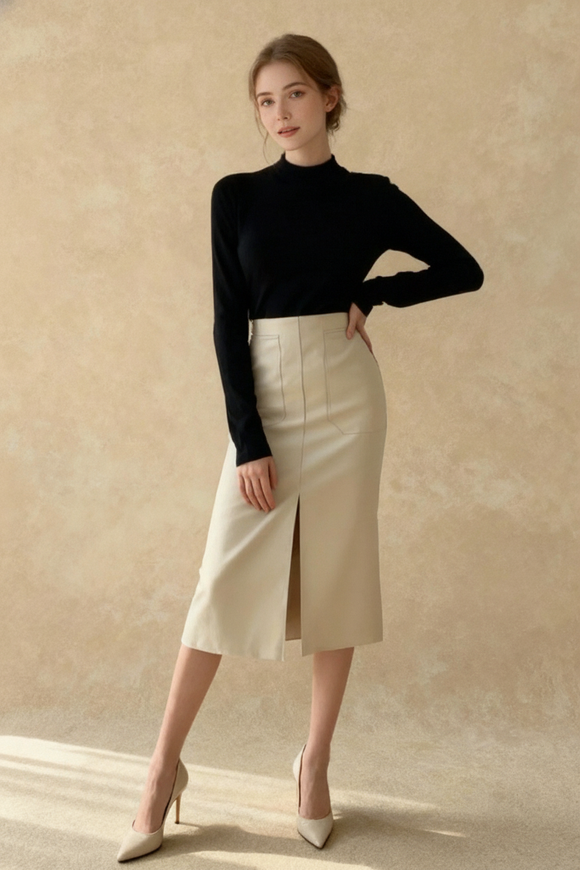 Fall Winter Chic Split Design Slim Straight Faux Leather Skirt