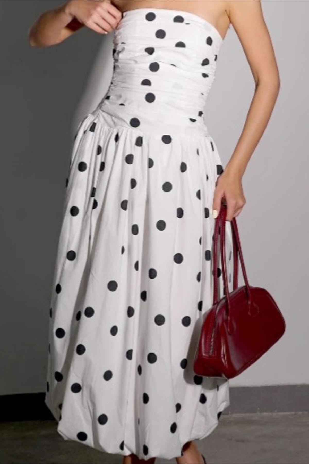Polka Dot Strapless Ruched Midi Dress