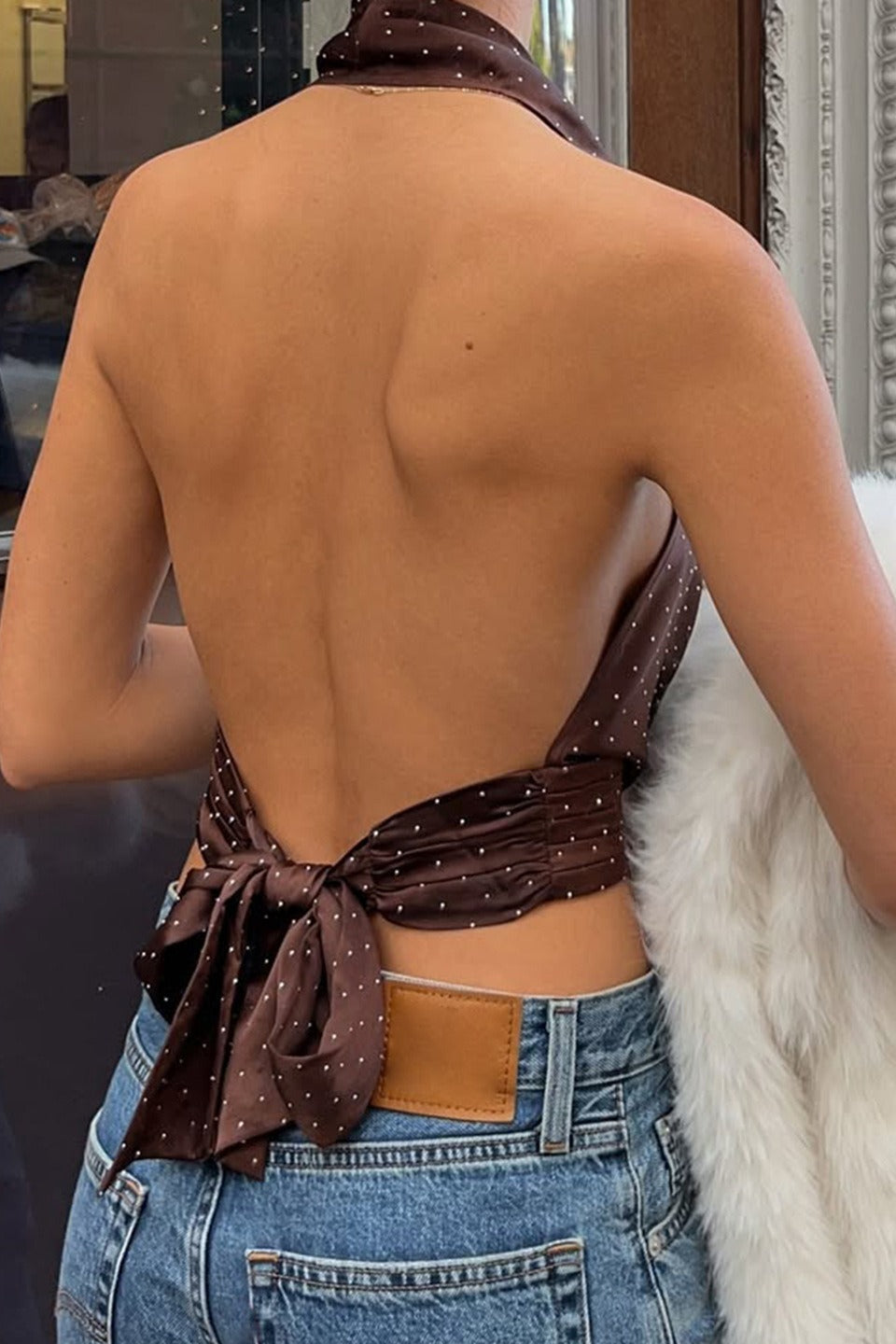 Polka Dot Color Block Backless Halter Crop Top