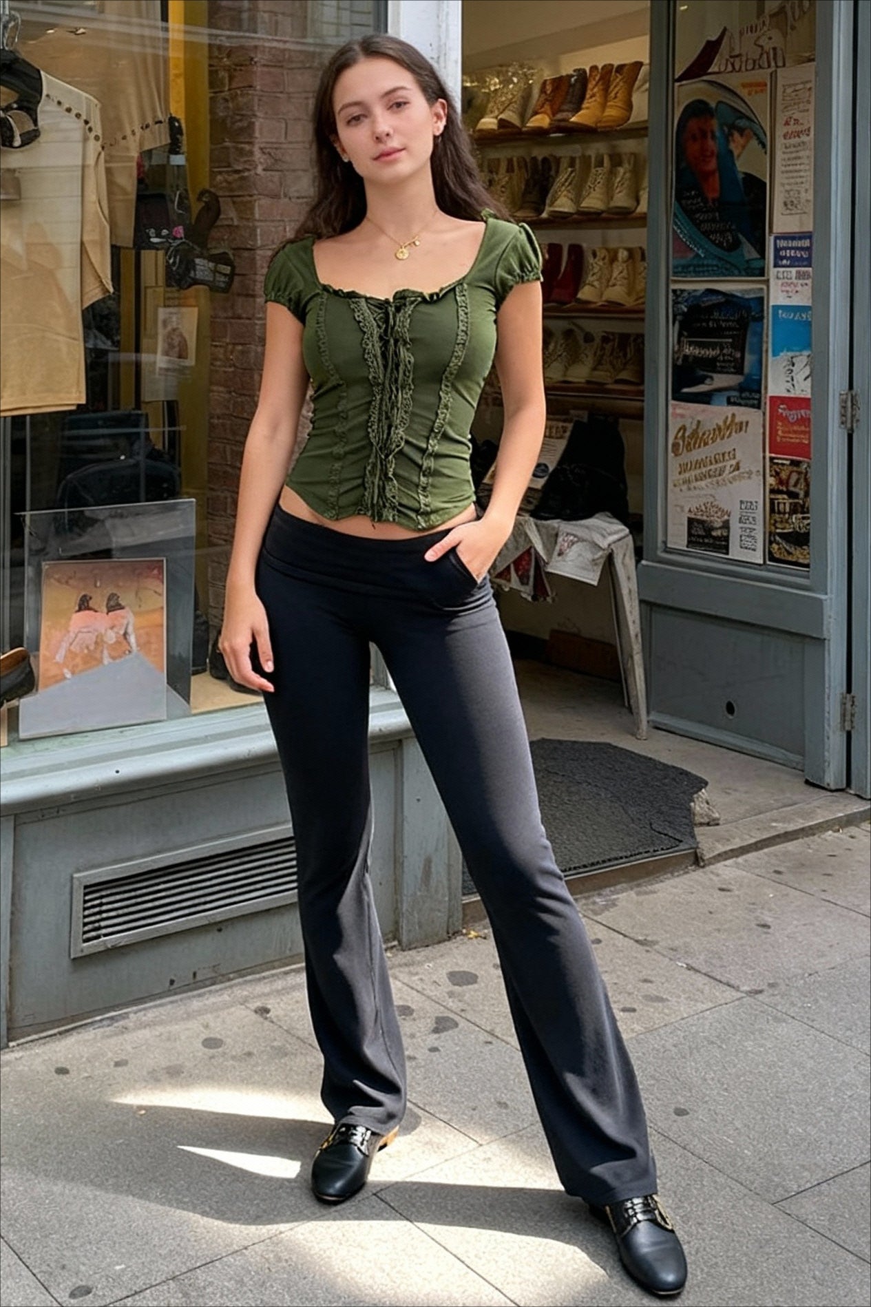 Lace Trim Tie Trendy Front Long Sleeve Blouse