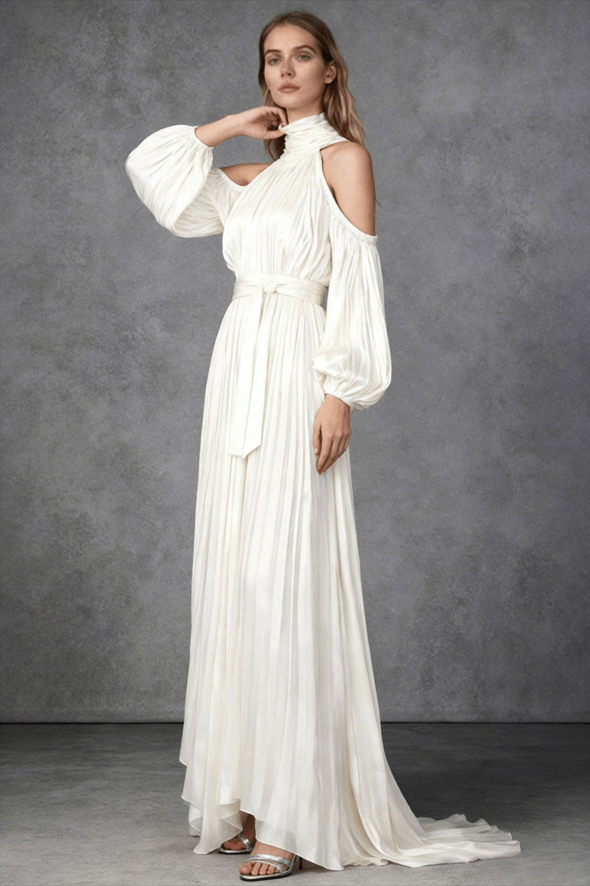 Satin High-Neck Cold-Shoulder Bishop-Sleeve Pleated Maxi Dress