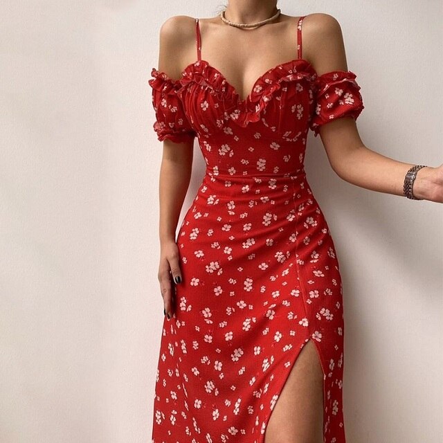Ruffled Sweetheart Cold Shoulder Puff Sleeve Bodycon Midi Dress - View 2