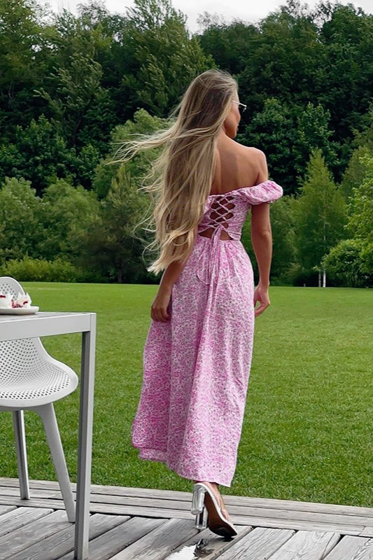 Floral Off Shoulder Puff Sleeve High Split Maxi Dress 3
