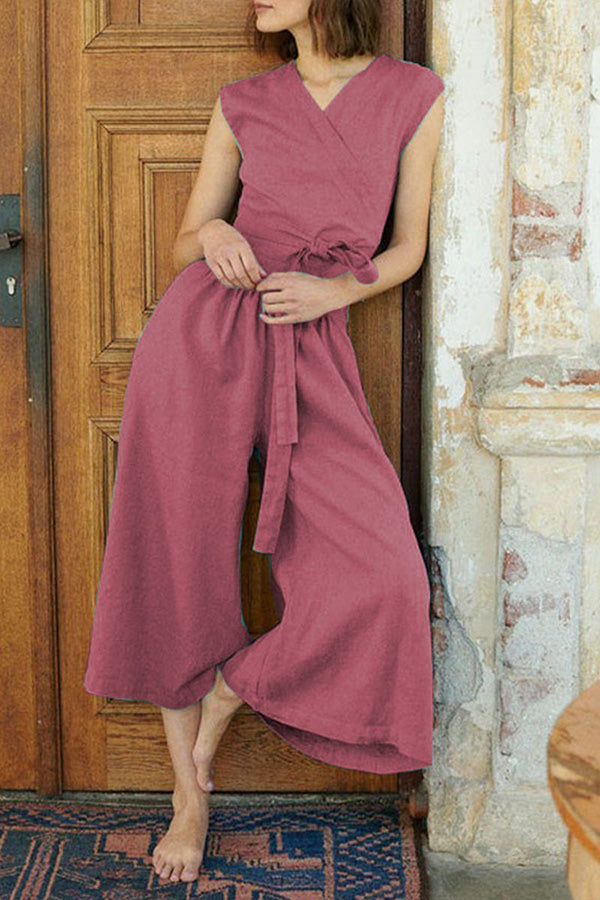 Casual Solid Cross Straps V Neck Sleeveless Two Pieces - Fashionpara