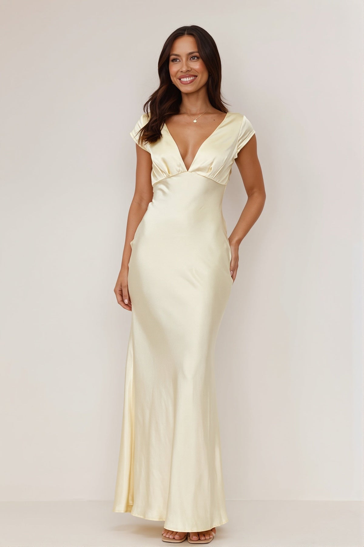 Satin Deep V-Neck Cap Sleeve Bias Cut Maxi Dress 4