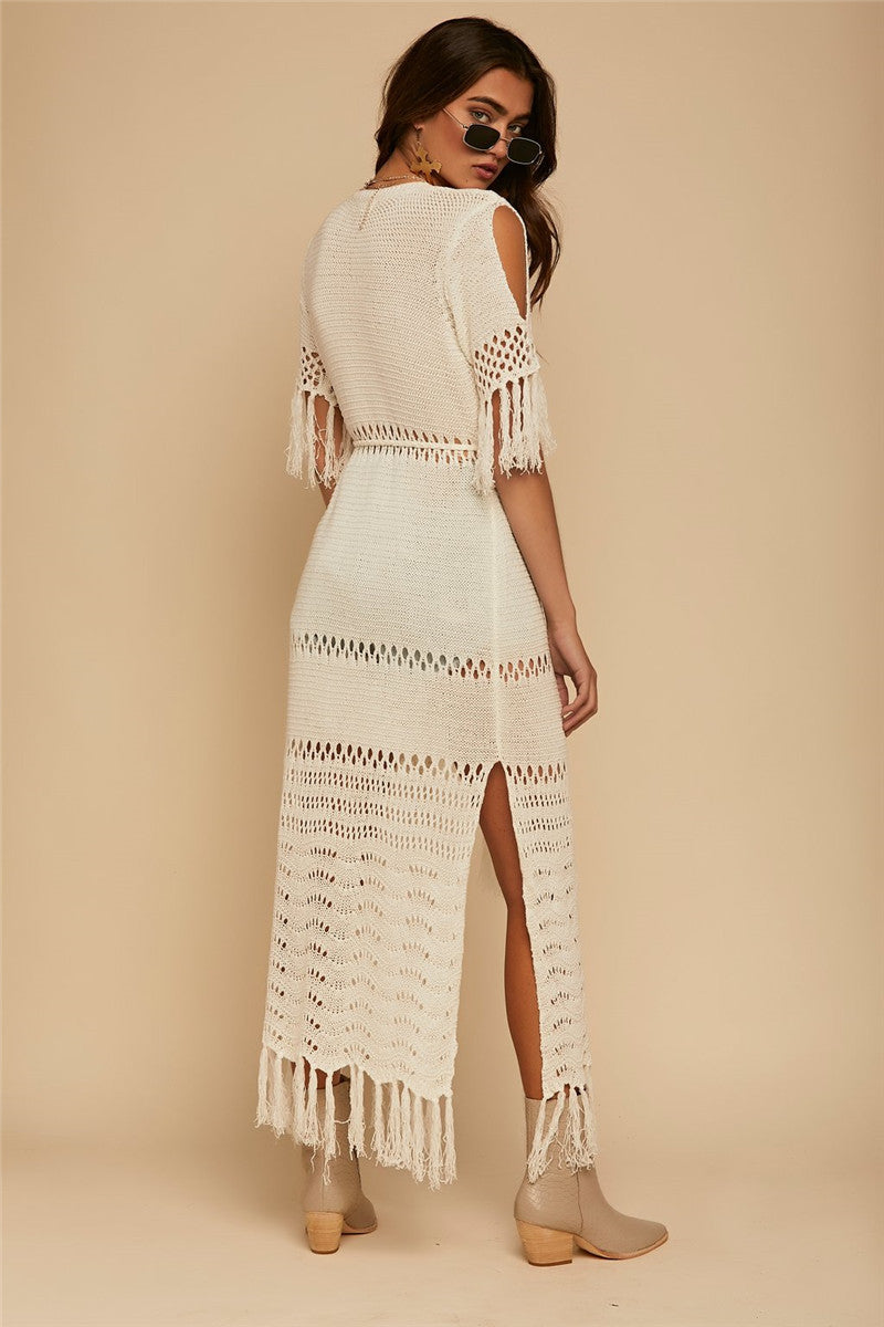 Hollow Knit Fringe Maxi Cover Up