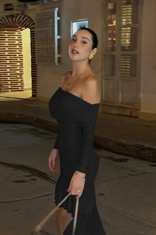 Fall New Slim-Fit Pleated Off-Shoulder  Party Dress